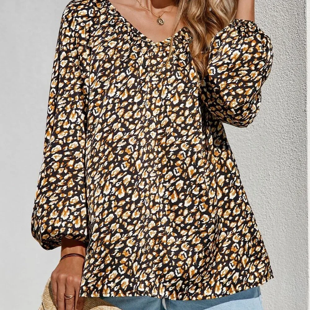 Women's Summer Tops Dressy Casual 2025 V Neck Satin Silk Printed Shirts Boho Lon - Picture 3 of 6